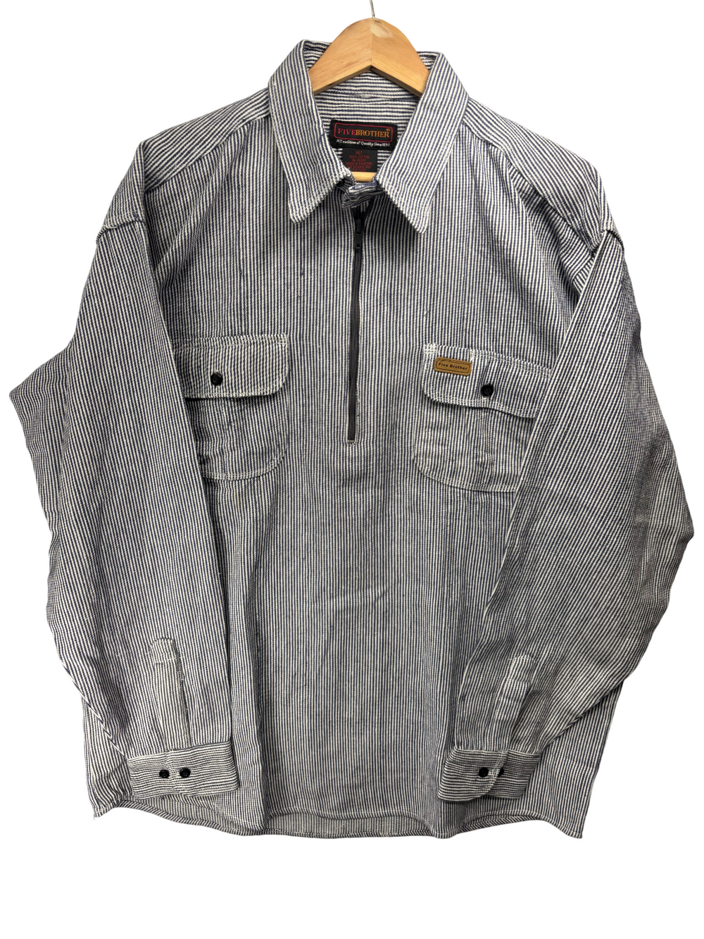 Vintage Five Brother Blue White Striped Cotton Half Zip Work Shirt Two Pocket